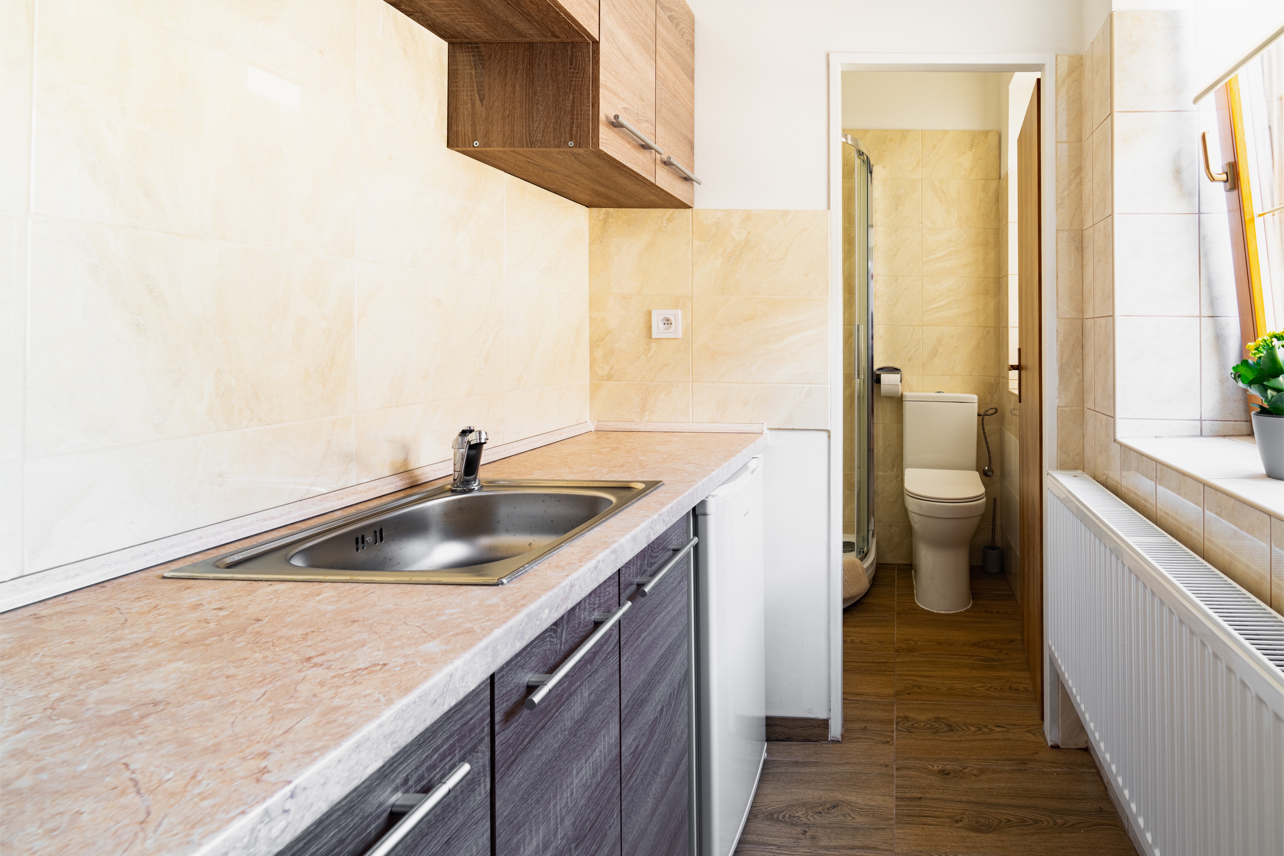 Narrow kitchen with beige countertops, stainless steel sink, dark cabinets, and a small adjacent bathroom with a toilet and shower.