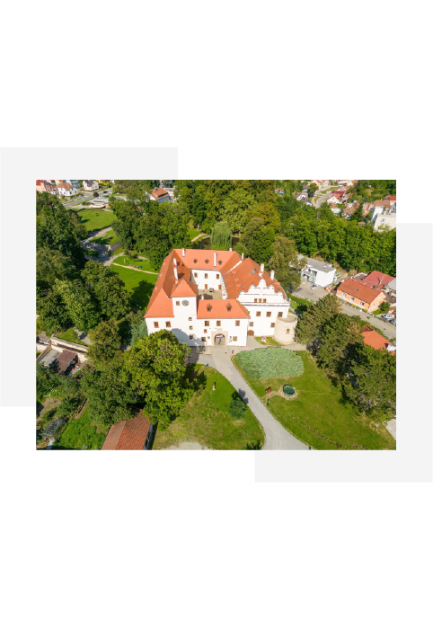 Aerial view of a historic castle with orange tiled roofs surrounded by green trees and gardens in a small town.
